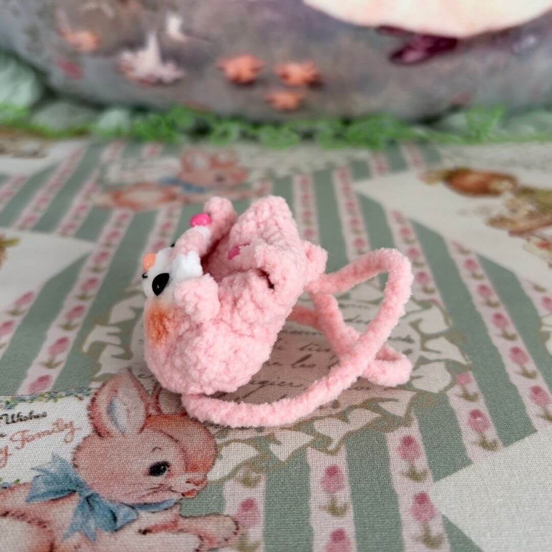 Handmade Mini Backpack featuring a cute pink fluffy kitten figurine, delicate details, perfect for miniature animal decor.