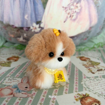 Cute fluffy puppy figurine in a yellow accessory, part of the Cosplay Puppy Collection, made with eco-friendly materials.