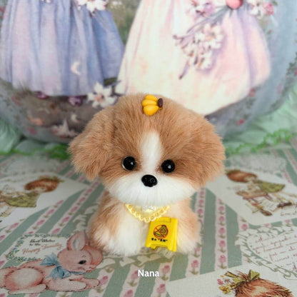 adorable handmade puppy from the Cosplay Puppy Collection, fluffy golden fur, wearing a bee accessory and yellow necklace on floral background.