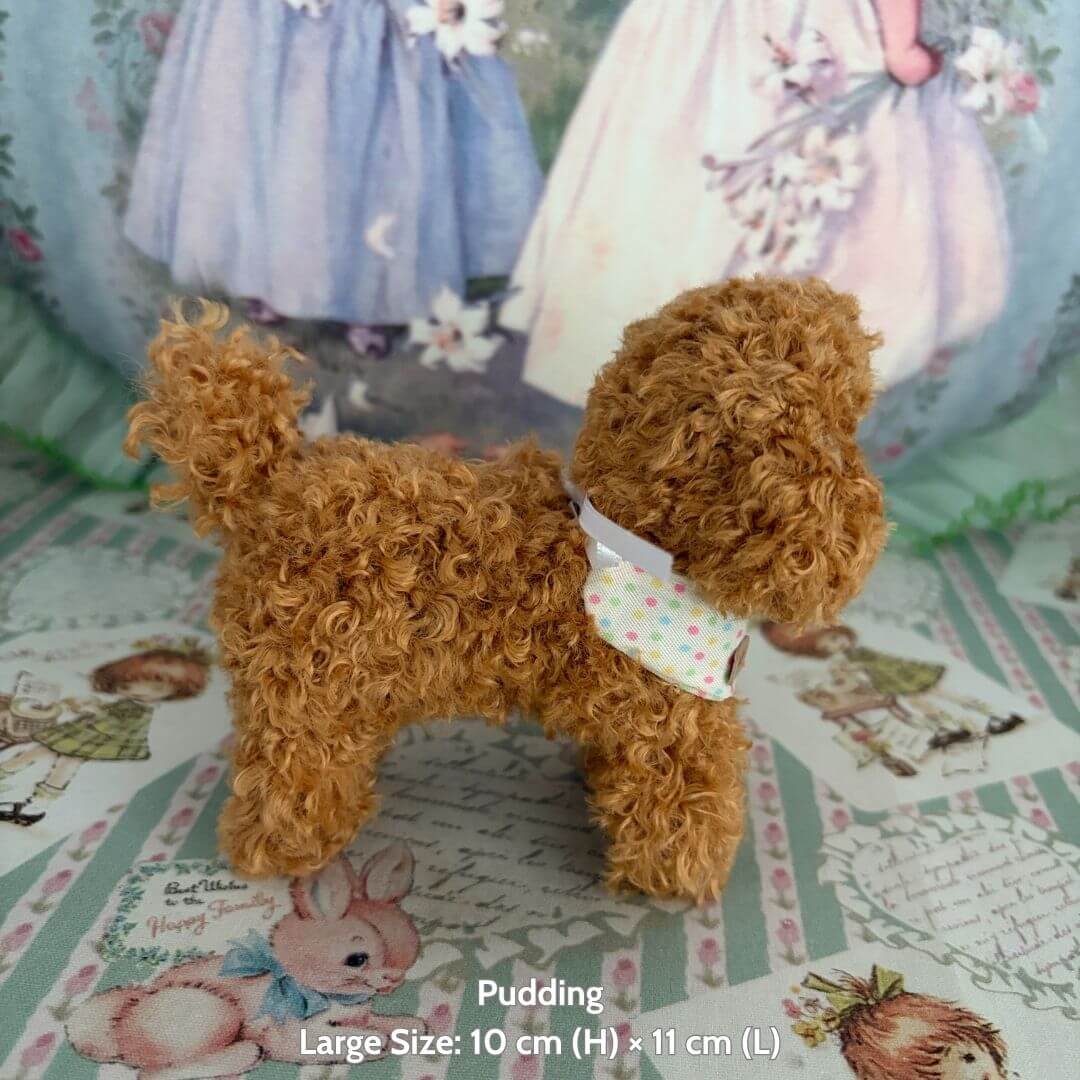 Lifelike Puppy Collection: Handmade brown fluffy puppy figurine with a polka-dotted neck scarf, crafted for dog lovers.