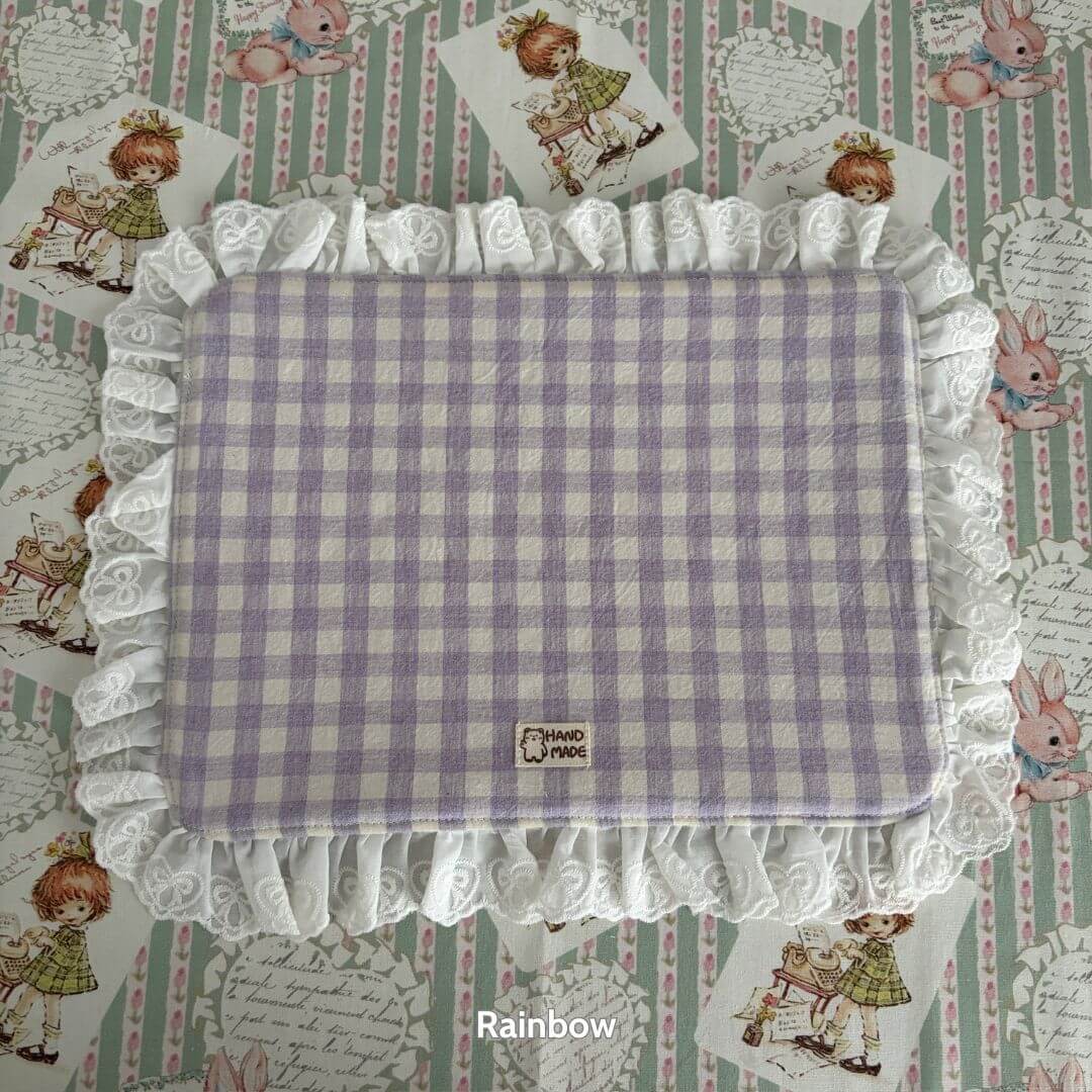 Handmade Sweet Tea Mat with lavender gingham pattern and lace trim, perfect for tea times. Handmade in UK decor.