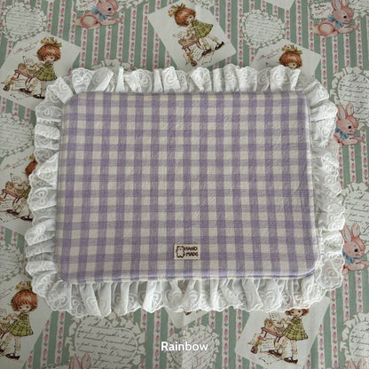 Handmade Sweet Tea Mat with lavender gingham pattern and lace trim, perfect for tea times. Handmade in UK decor.