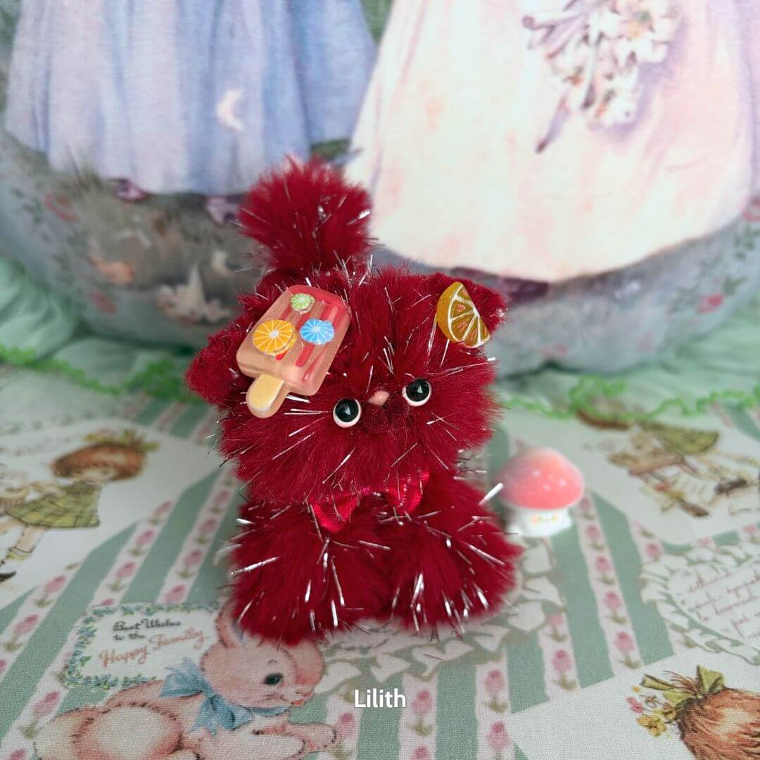 Twinkling Kitten Collection: kawaii red fluffy kitten figurine with fruit accessory, sparkling finish, cute animal collectible.