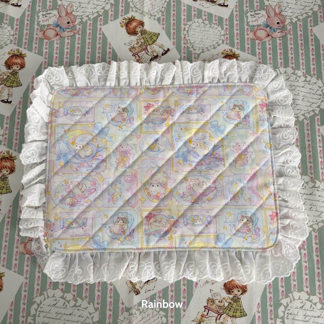 Handmade Sweet Tea Mat with pastel illustrations and lace trim, showcasing adorable kittens in a cozy, whimsical design.