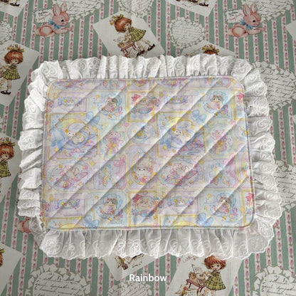 Handmade Sweet Tea Mat with pastel illustrations and lace trim, showcasing adorable kittens in a cozy, whimsical design.