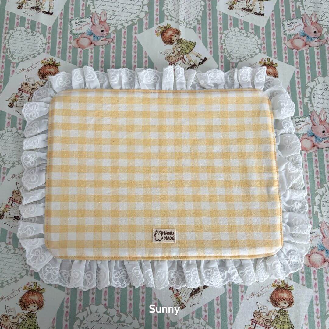Handmade Sweet Tea Mat with yellow gingham pattern and lace trim, perfect for a cozy tea setting and decorative charm.