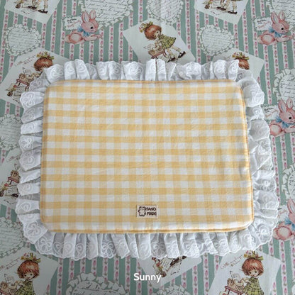 Handmade Sweet Tea Mat with yellow gingham pattern and lace trim, perfect for a cozy tea setting and decorative charm.