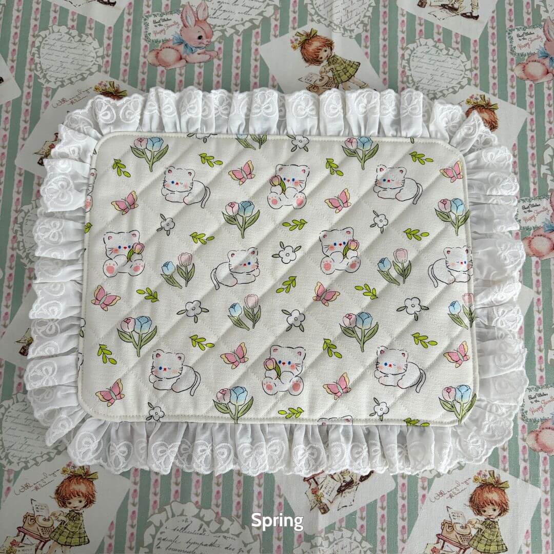 Handmade Sweet Tea Mat featuring pastel kitten illustrations, floral designs, and lace trim for a charming spring decor.