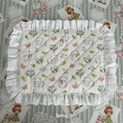 Handmade Sweet Tea Mat featuring pastel kitten illustrations, floral designs, and lace trim for a charming spring decor.