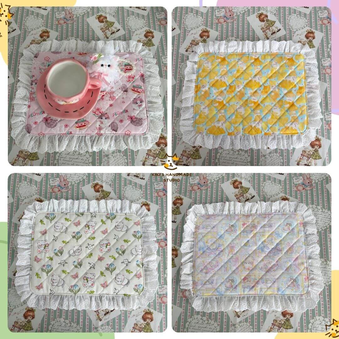 Handmade Sweet Tea Mat collection with pastel colors, floral patterns, and ruffled edges, featuring a cute pink teacup.