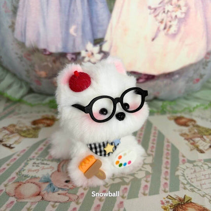 Handmade puppy from the Cosplay Puppy Collection, fluffy white fur with red dot, glasses, and ice cream accessory.
