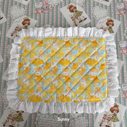 Handmade Sweet Tea Mat with pastel yellow kittens and lace trim, adding charm to your tea setting, crafted in the UK.