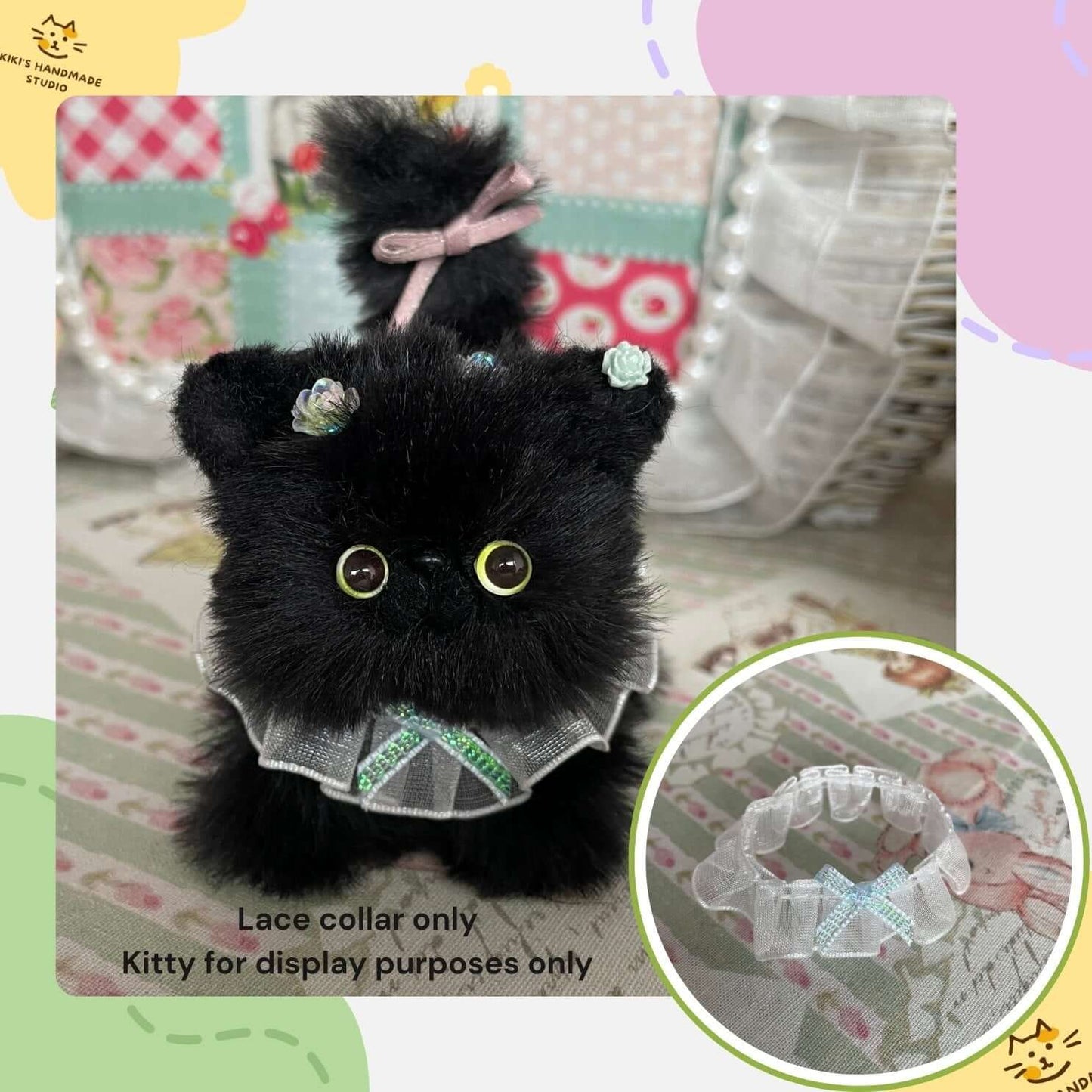 Handmade bow collar on plush kitten toy, featuring lace and decorative design, for display purposes.