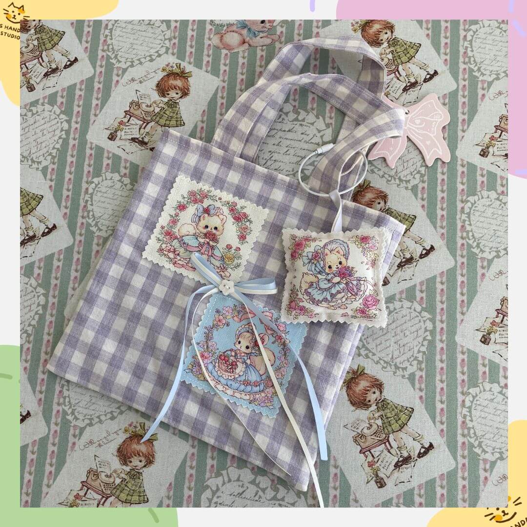 Handmade Dreamy Tote Bag with double-sided cat and squirrel design, 20cm, fairy-tale style, plaid pattern, accompanied by matching accessories.