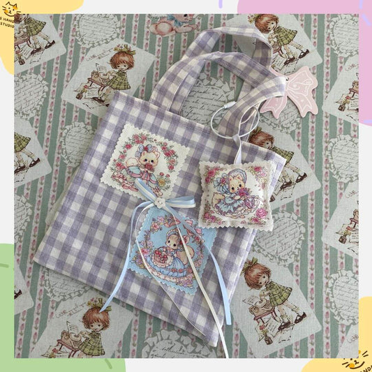 Handmade Dreamy Tote Bag with double-sided cat and squirrel design, 20cm, fairy-tale style, plaid pattern, accompanied by matching accessories.