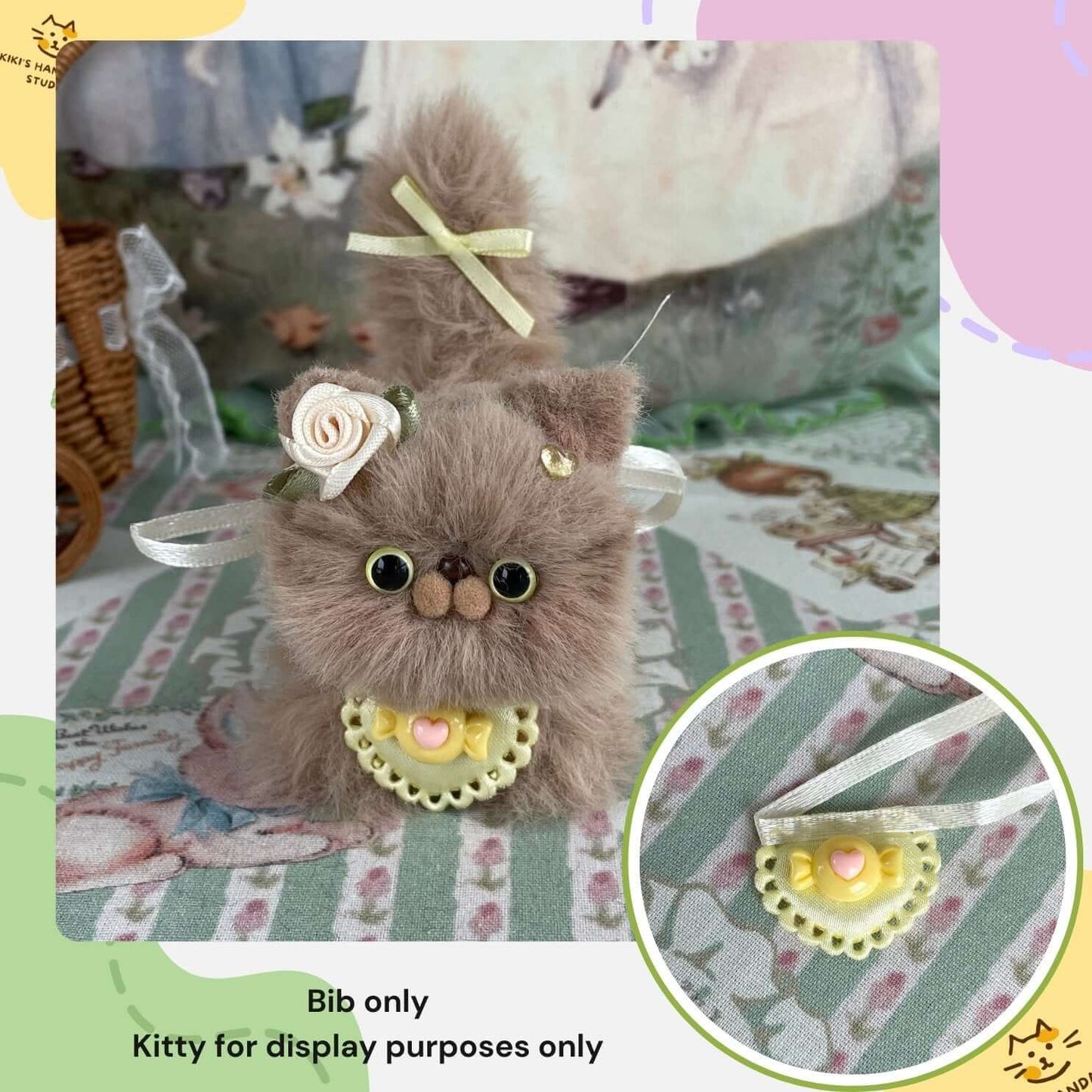 Handmade mini bib on plush kitten with bow collar; decorative accessory for kittens. Bib only, kitten for display purposes.