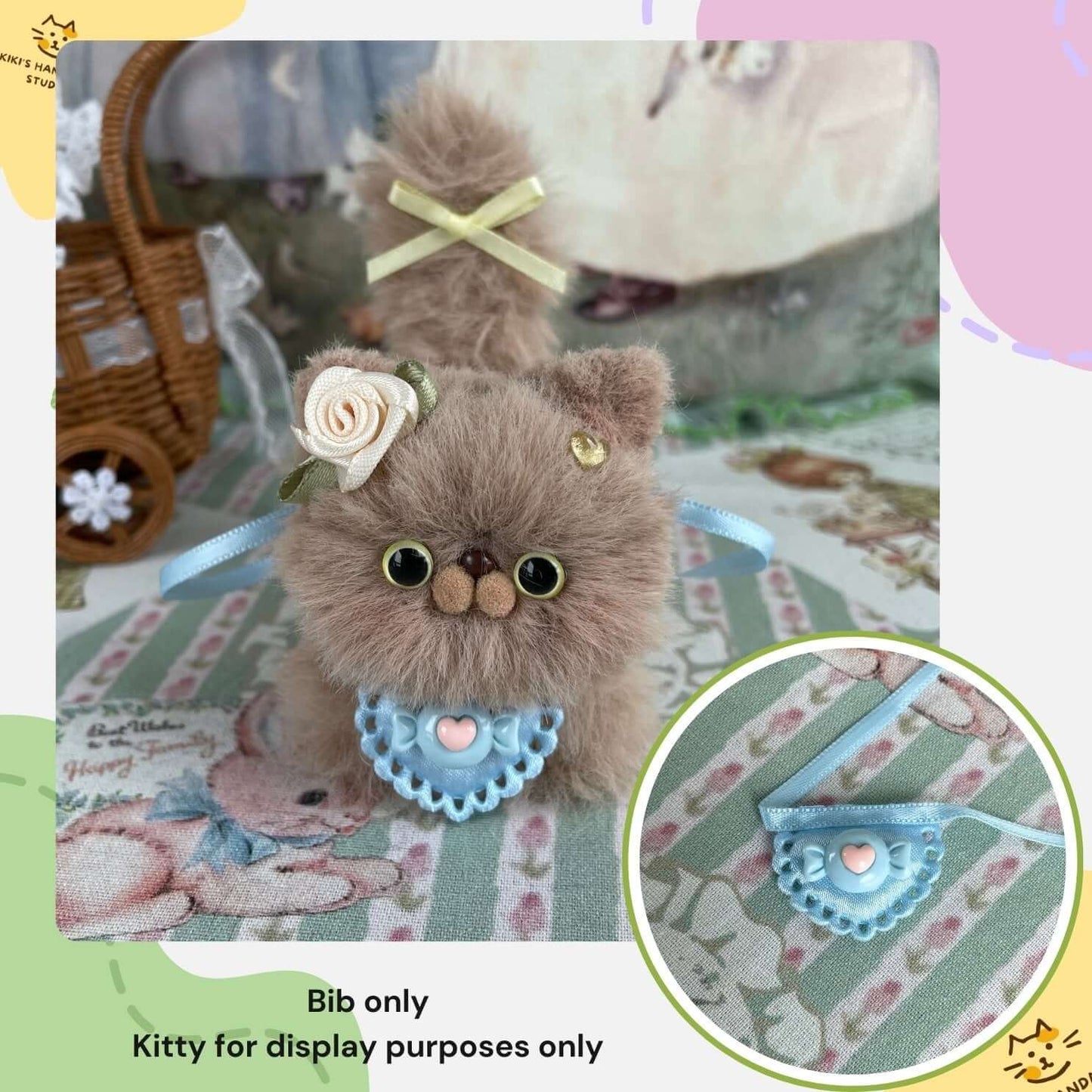 Handmade Mini Bib on Plush Kitten for Display - Includes Bow Collar, Blue and Pink Heart Design