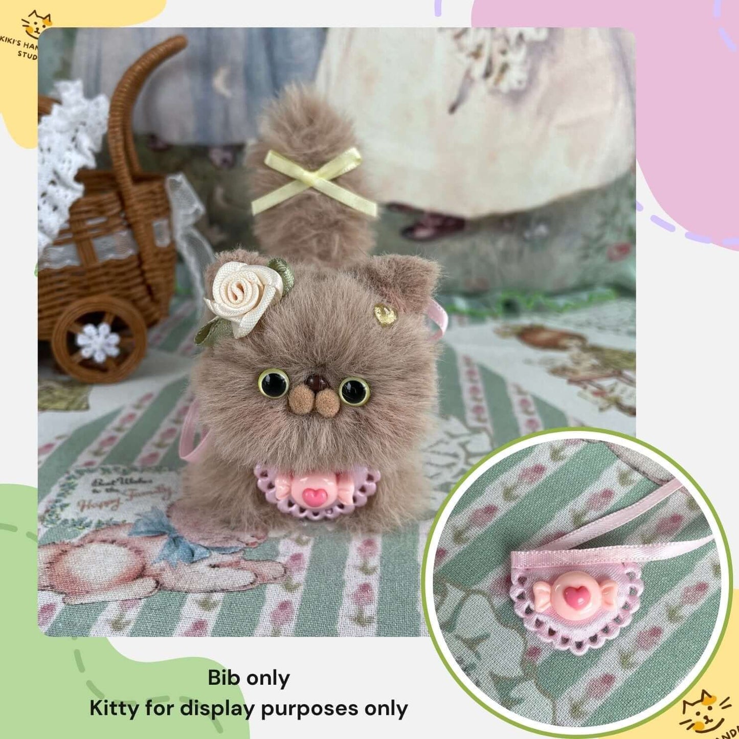 Handmade Mini Bib on Plush Kitten with Bow Collar, for decorative purposes, product-only purchase, display includes plush kitten.