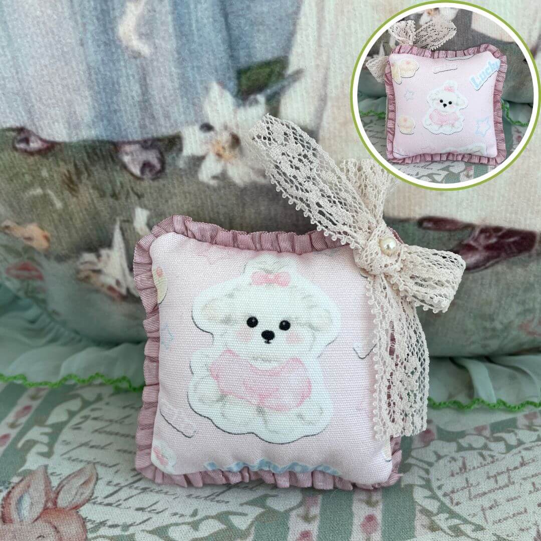 Handmade Mini Cuddle Critter Cushion with lace bow, featuring a puppy design, decor or accessory, 7 cm size, unique and handcrafted.