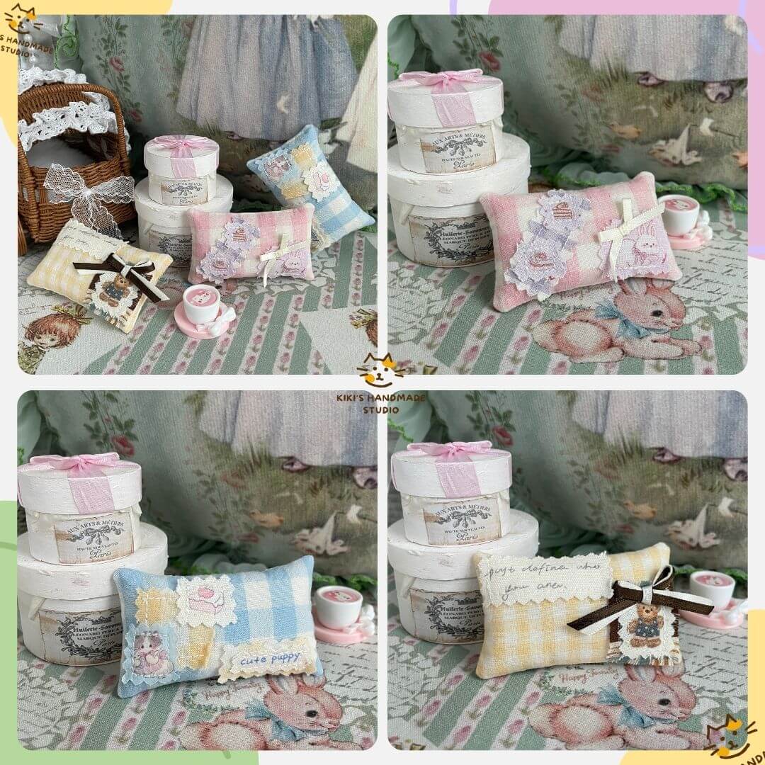 Handmade mini pillow set with high-quality materials, perfect for decorating small animal homes or doll settings; cozy and charming.