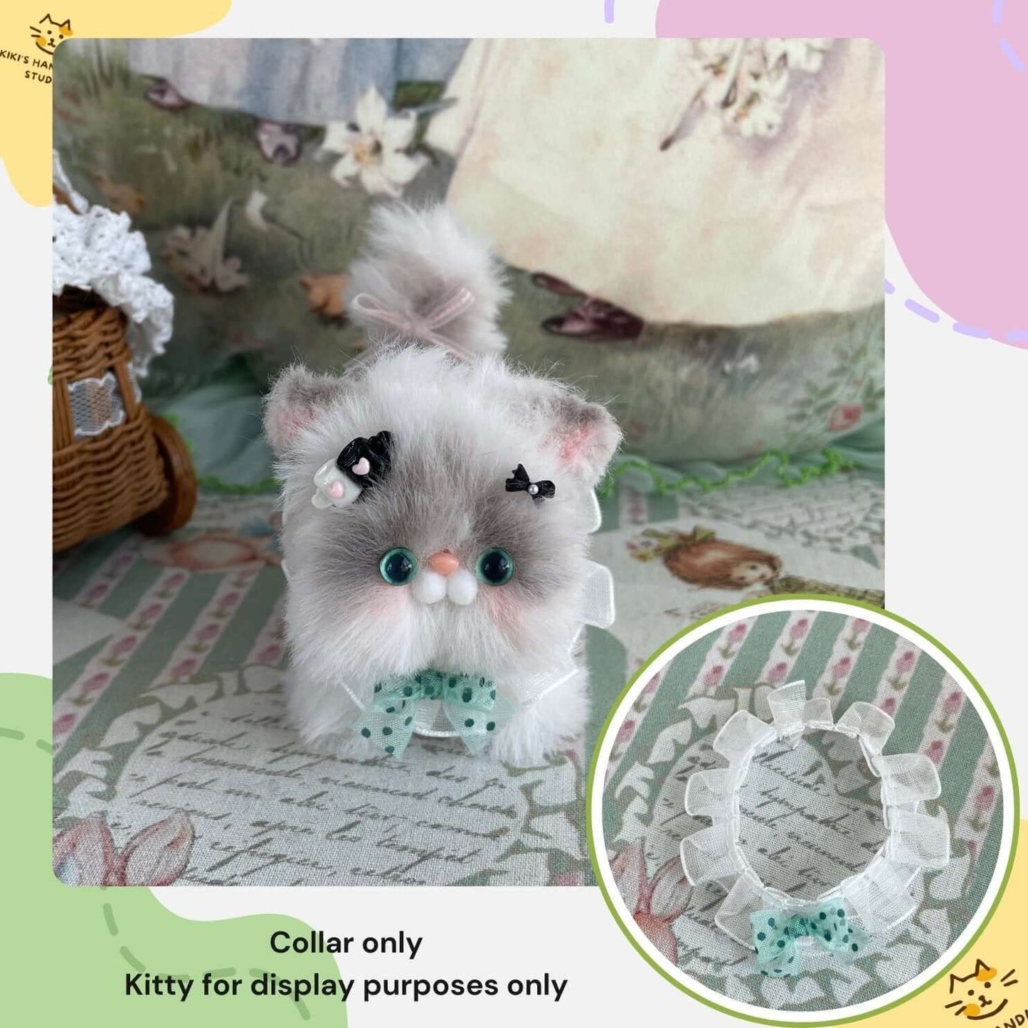 Handmade polka dot bow collar on plush toy kitten for decoration display.