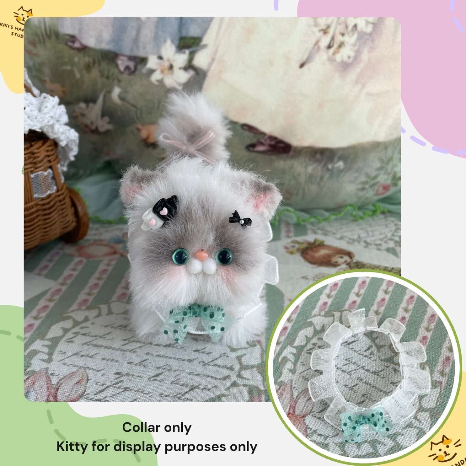 Handmade polka dot bow collar on plush toy kitten for decoration display.