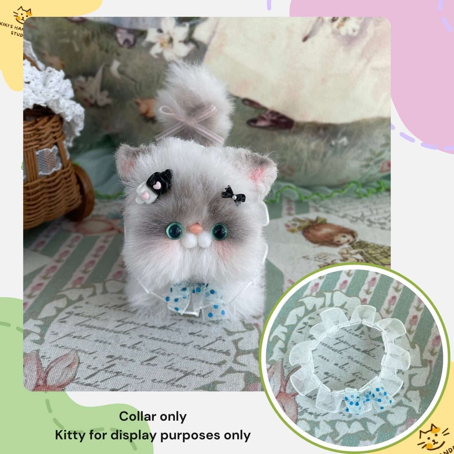 Handmade polka dot bow collar displayed on plush toy kitten, perfect for enhancing charm and style; collar only, toy for display.