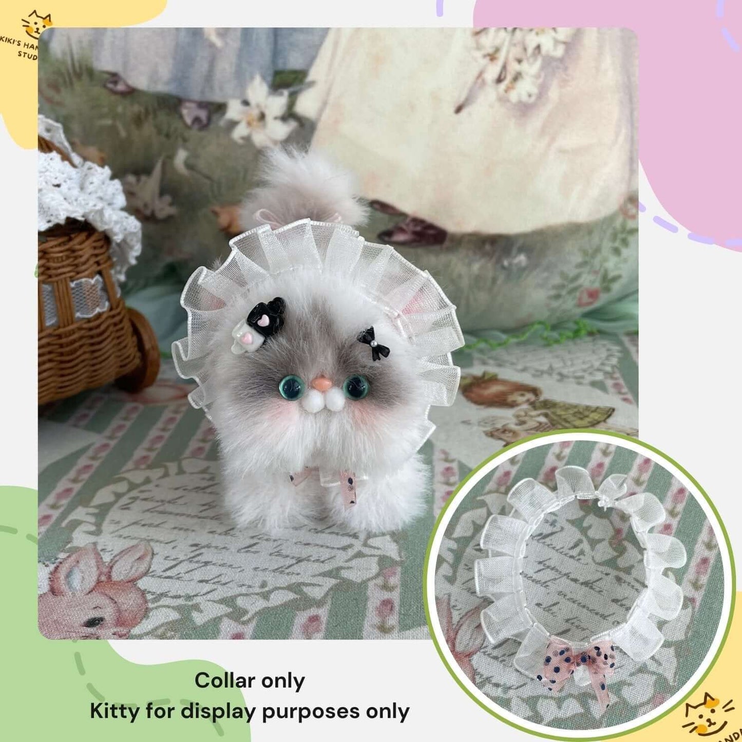 Plush kitten wearing handmade polka dot bow collar with ruffled edge, showcasing elegant design, for decorative purposes.