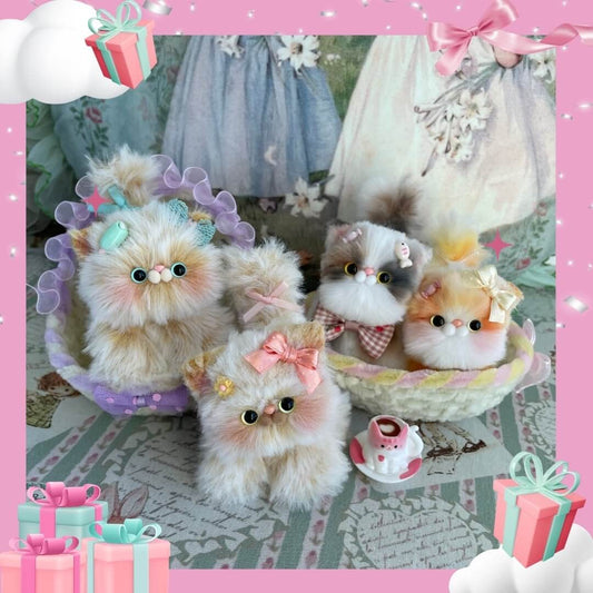 Handmade plush kitten decorations by artist Kiki, inspired by her cat Jelly. Ideal gift for cat lovers and home decor.
