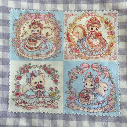 Patchwork design featuring cute squirrels with floral dresses in pastel colors, perfect for whimsical handmade accessories.