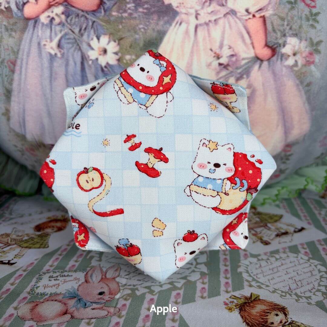 Gingham Cat Catch-All Tray featuring cute kittens, apples, and mushrooms in pastel colors, handmade in the UK for adorable decor.
