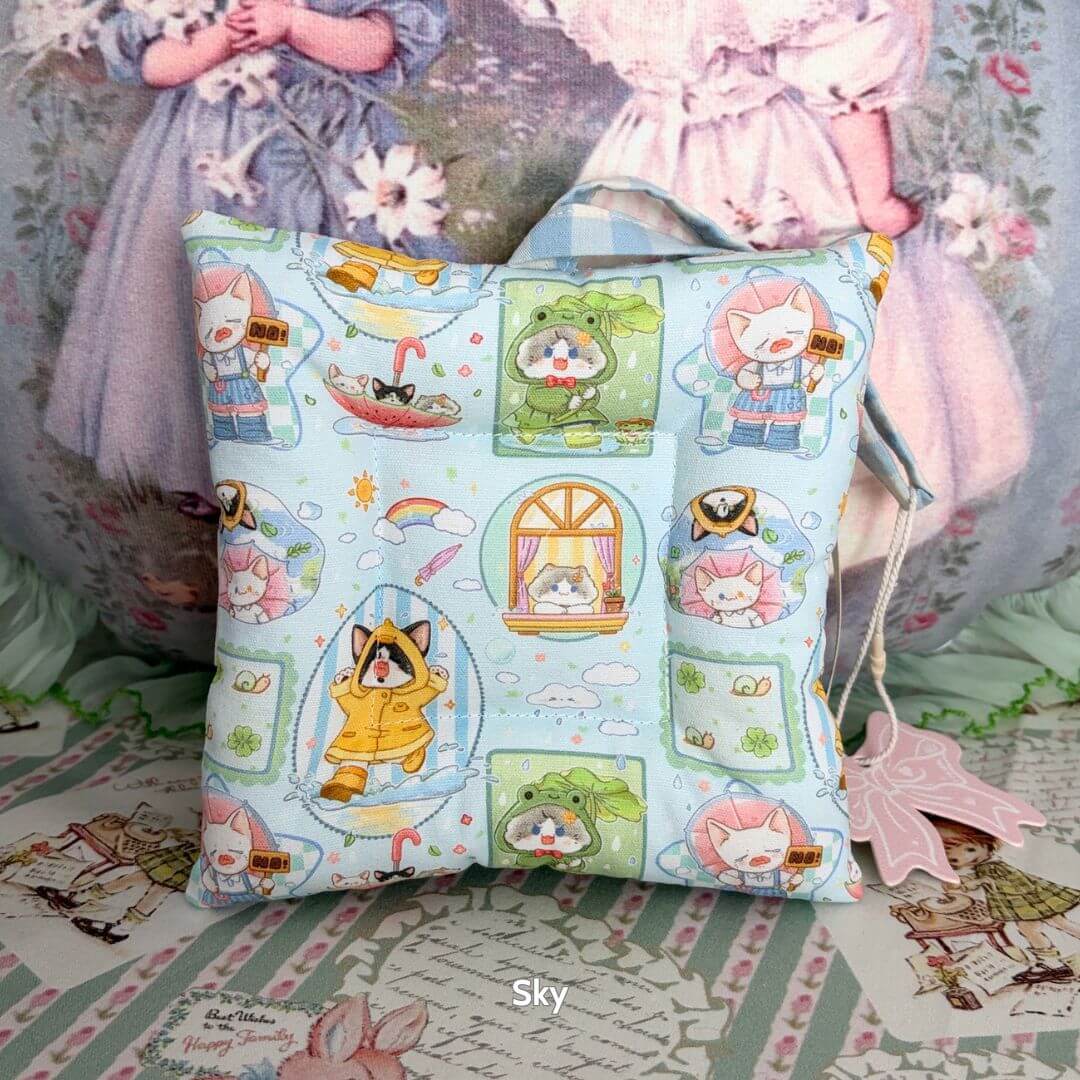 Kitten Coasters – For Cups and Kitten Display, cute kawaii cat fabric pillow with playful animal illustrations in pastel colors.