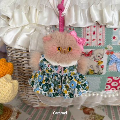 Pawsh Pendants handmade kitten figurine, fluffy cat in a floral dress with a pink bow, cute collectible decor.