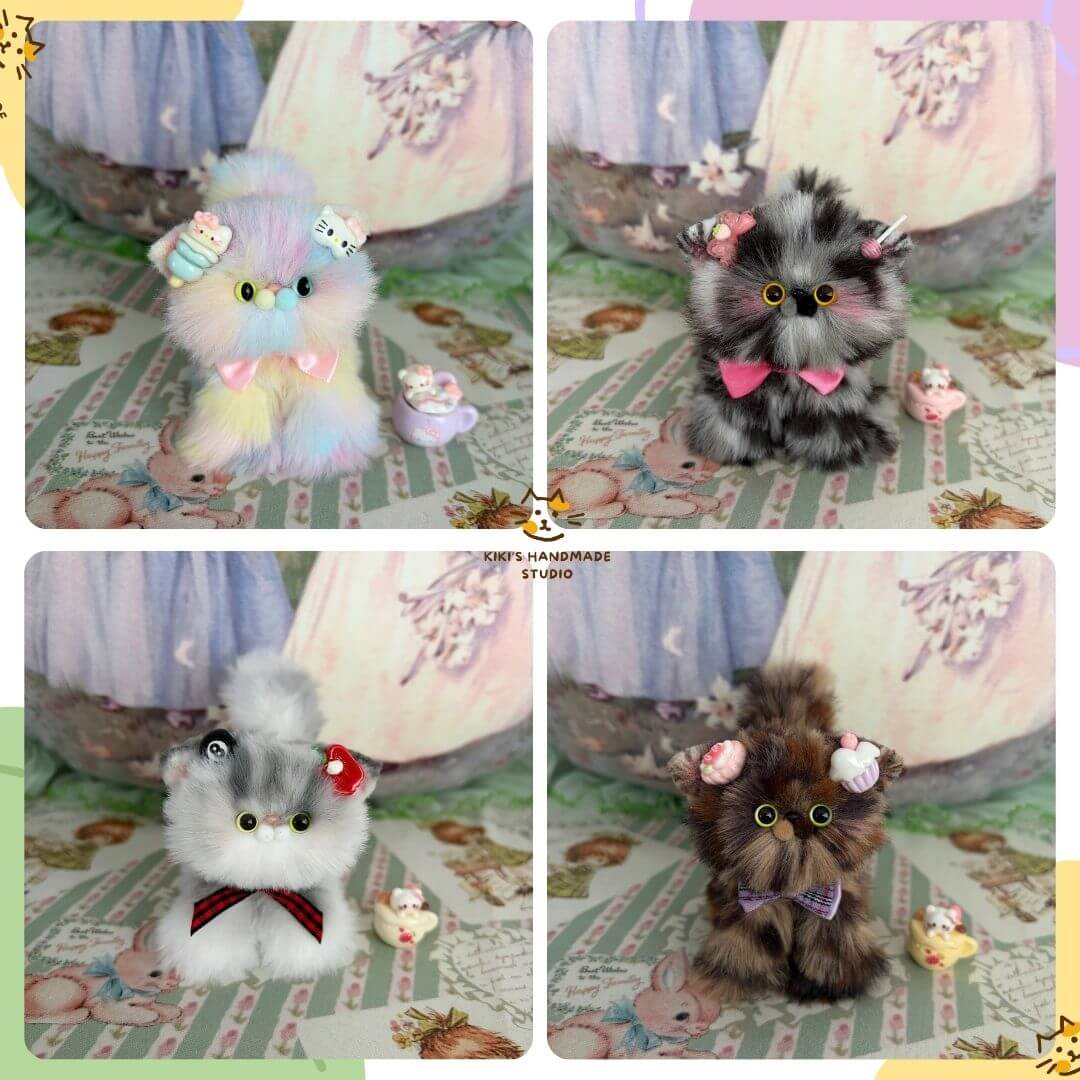 Adorable Kitten Collection featuring four fluffy kitten figurines in pastel and dark colors with cute bows and accessories.