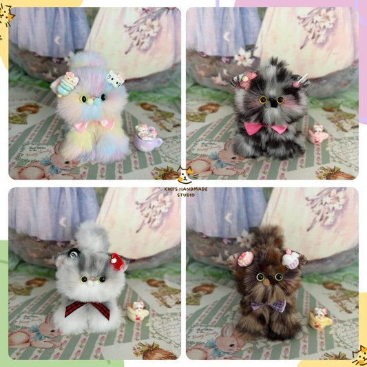 Adorable Kitten Collection featuring four fluffy kitten figurines in pastel and dark colors with cute bows and accessories.