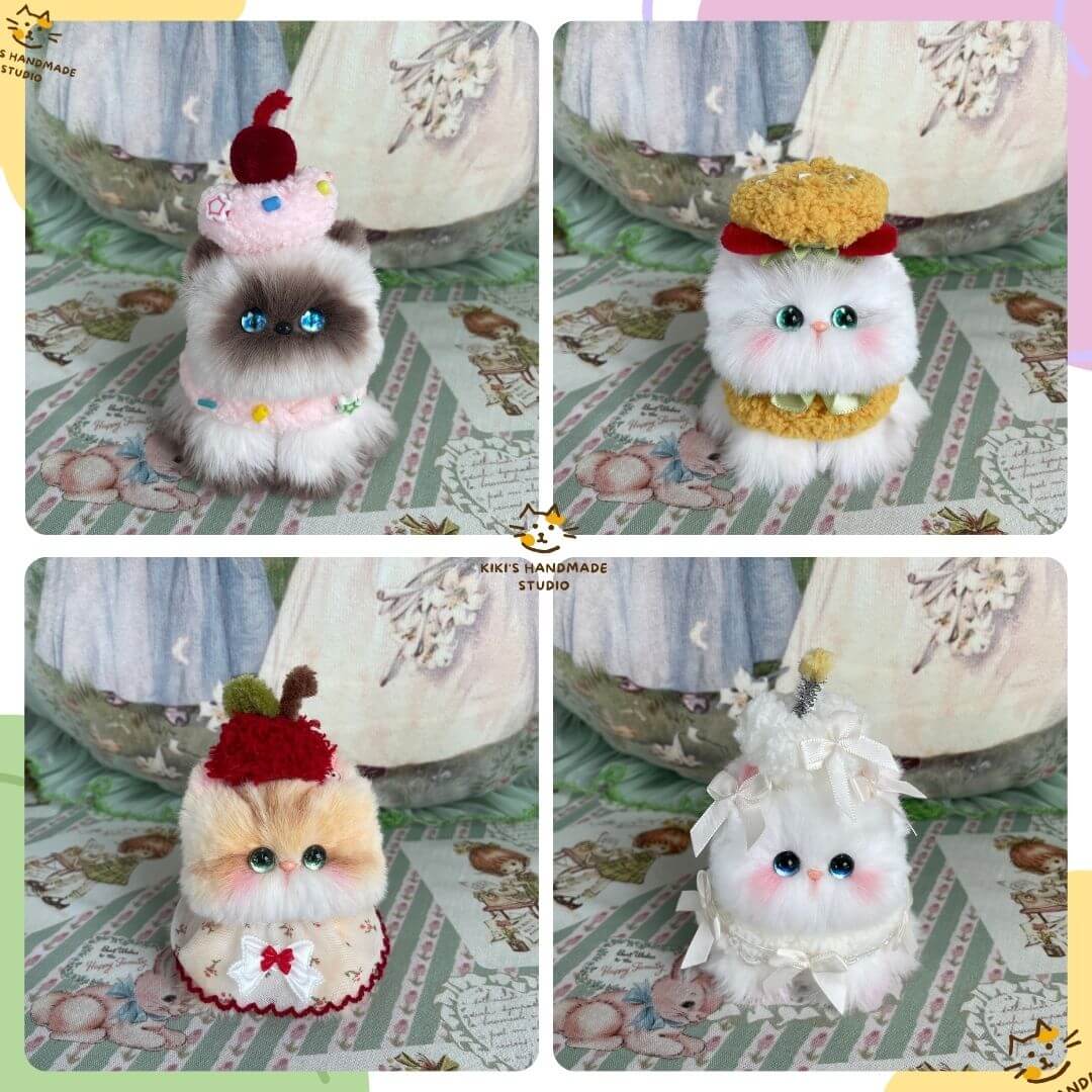 Mewlicious Collection features cute handmade kittens in dessert outfits: fluffy cat figurines in ice cream, cupcake, cherry, and whipped cream styles.