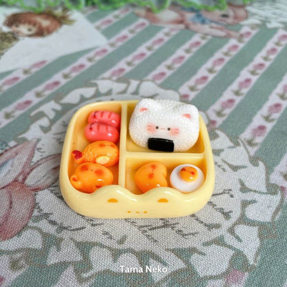Mini Cat Bento Box featuring cute handmade kitten onigiri and colorful miniature food items, perfect for kawaii decor.