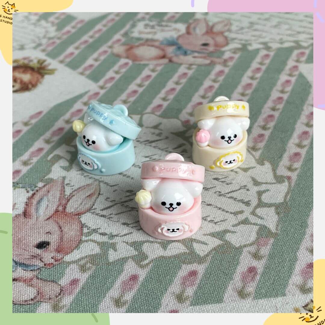 Mini Happy Pup Pods - adorable miniature puppy-themed decorations in pastel colors, perfect for dollhouse decor and collectors' displays.