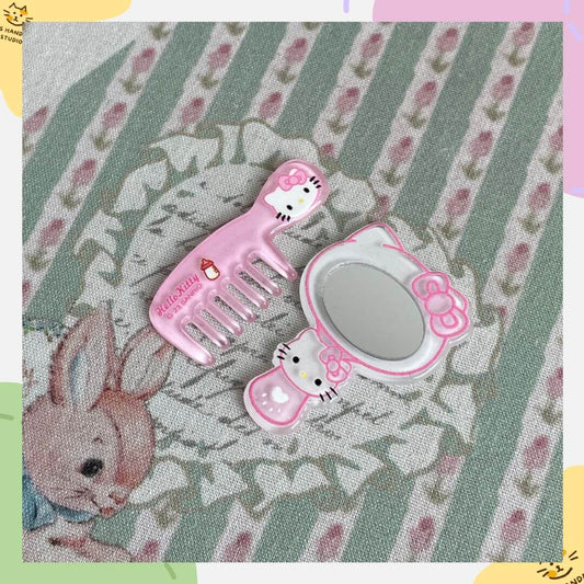 Mini pink comb and mirror set with bow accents, perfect for decorating handmade plush toys or as kawaii accessories. Cute rabbit background.