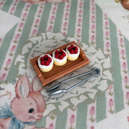Mini Strawberry Cake Set featuring three delicately crafted cakes with fresh strawberries on a wooden tray, perfect for dollhouse decor.