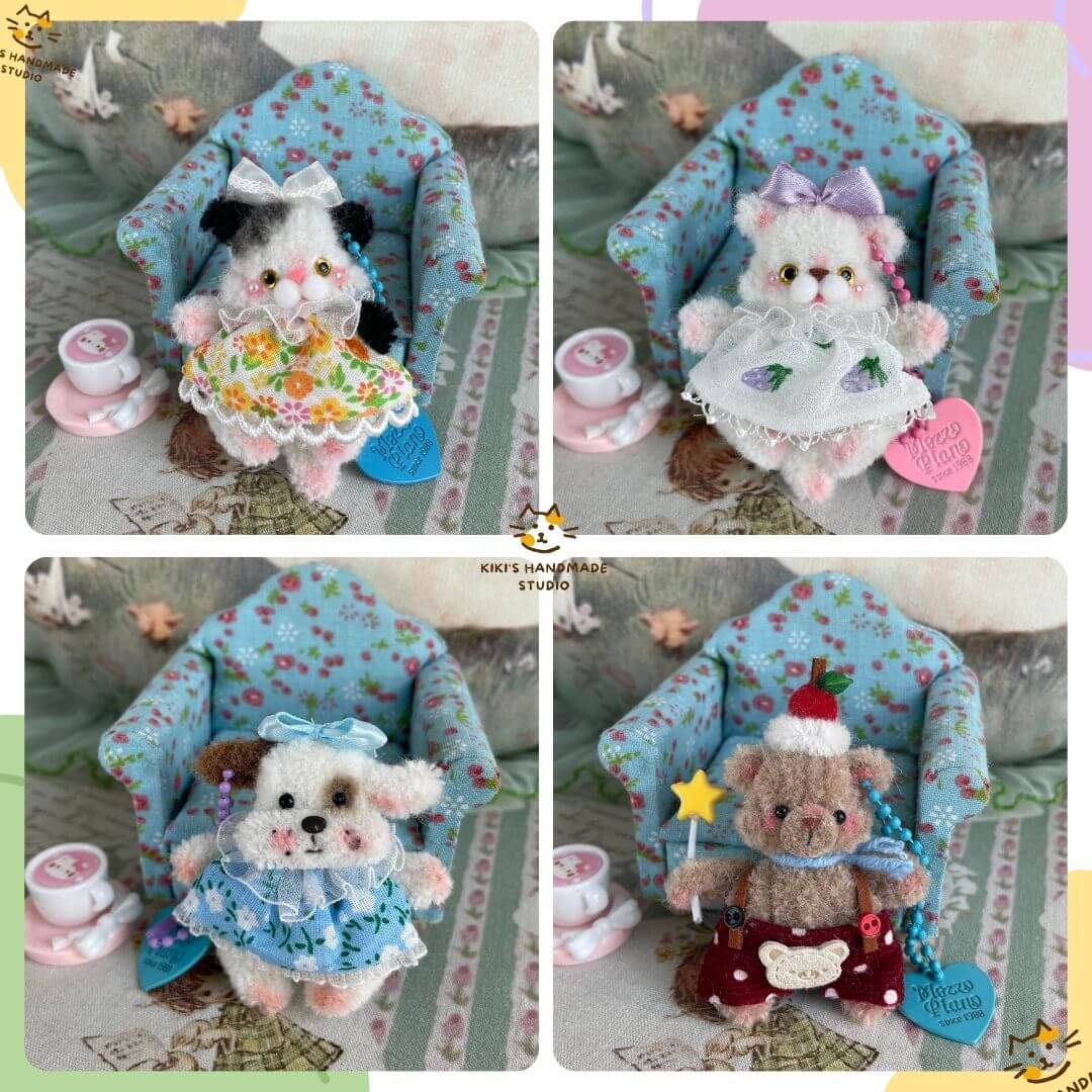 Miniature pipe cleaner animals as plush toys, featuring a kitten and puppy dressed in flower aprons and star wands as keychains.