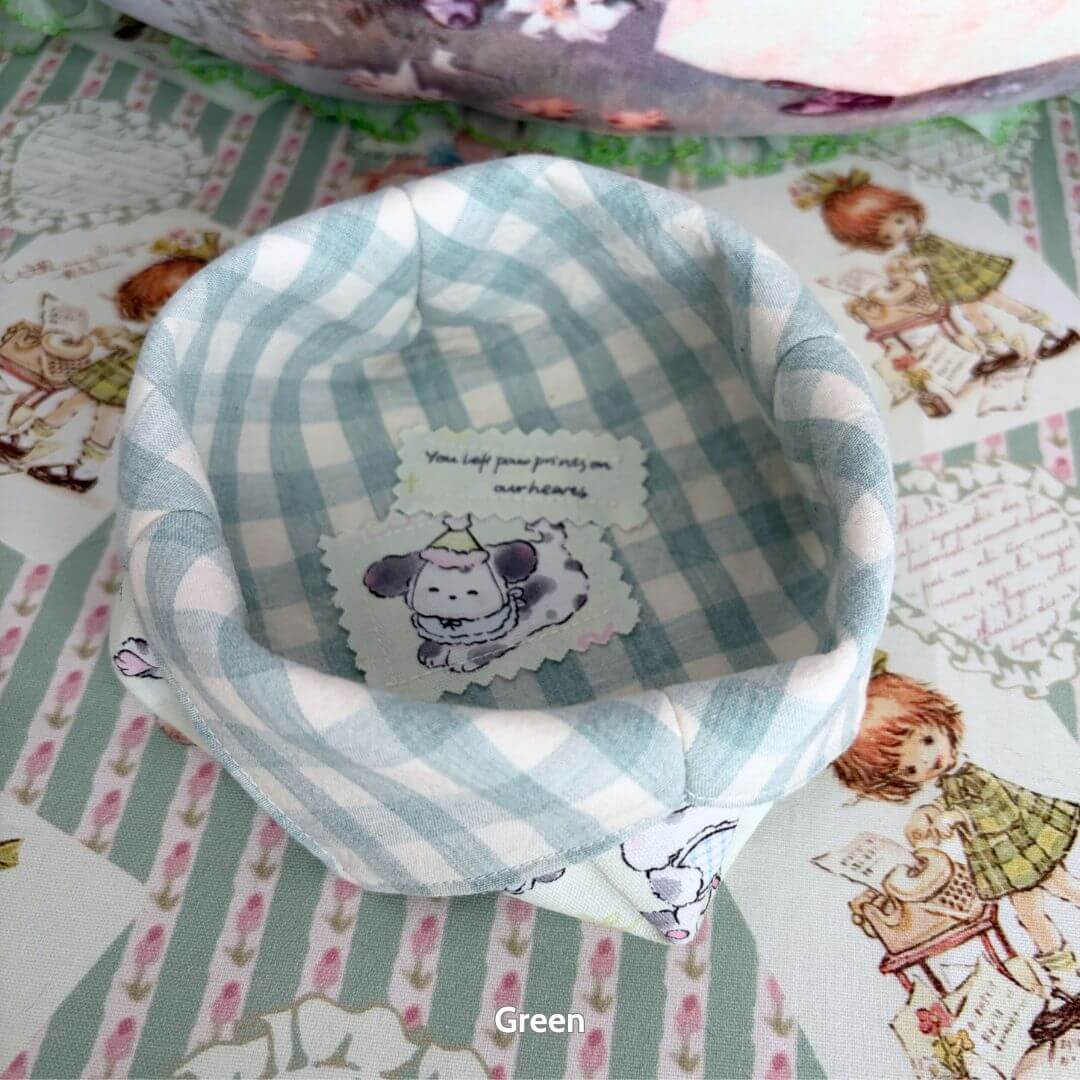 Gingham Cat Catch-All Tray in pastel blue with adorable dog motif inside, perfect for organizing small items in a cute kawaii style.