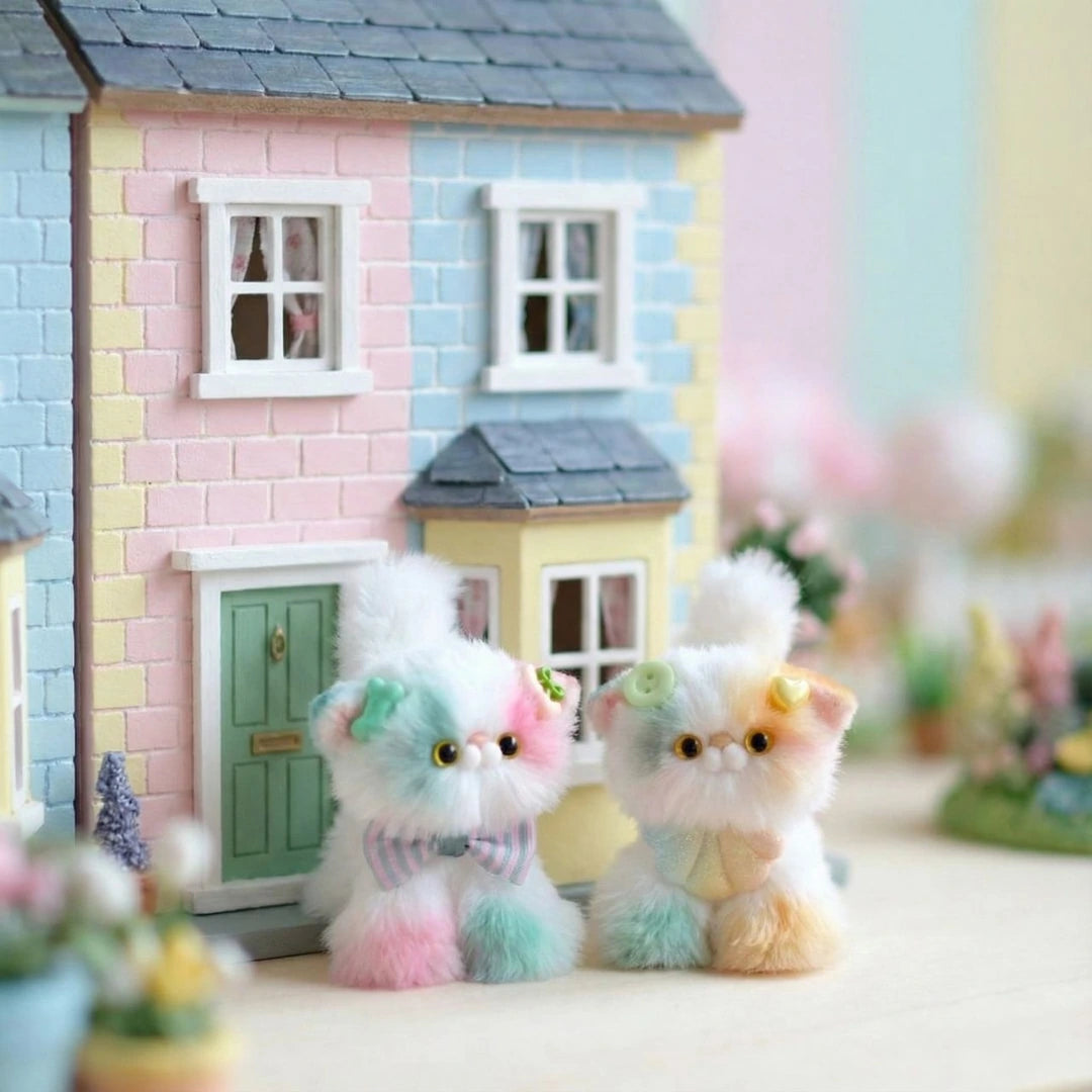 Pastel handmade kittens displayed in a dollhouse