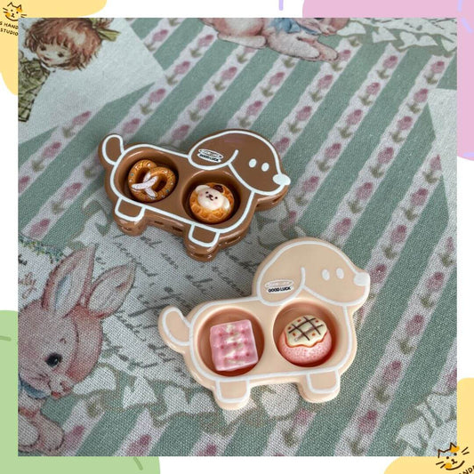 Puppy Snack Twins decorative trays with adorable snack charms, perfect desk accessories or gifts, featuring pink cookies and bear buns.