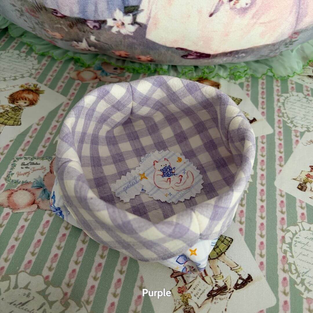 Gingham Cat Catch-All Tray in lavender checkered fabric, perfect for organizing small items with a charming design.