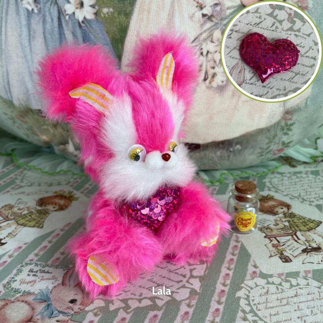 Retro Bunny Companions in pink and white, fluffy plush with oversized ears, sparkly heart embellishment, cute collectible decor.