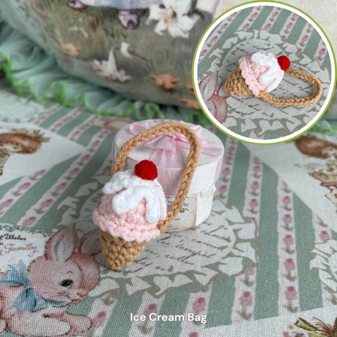 Adorable handmade ice cream bag accessory for plush toys, perfect for kittens or puppies, crafted with crochet details and cherry on top.