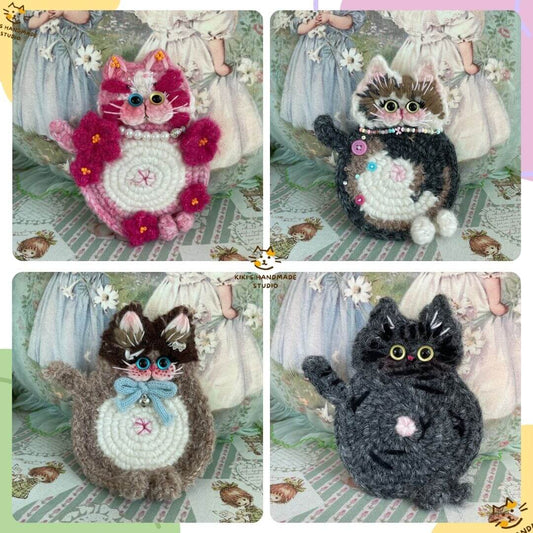 Four handmade cat-themed coasters, each featuring a plush, colorful design, perfect as unique accessories for a feline-inspired space.