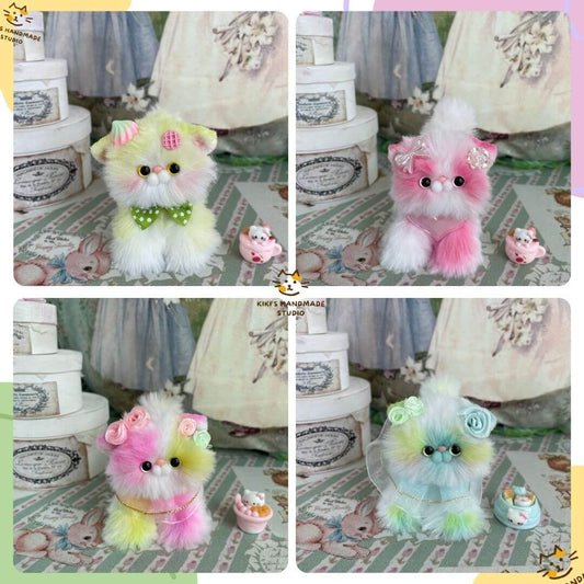 Handmade Sweet Dreams Kitten Collection with pastel plush fur, teacup charms, and fantasy-themed bows in pastel pink, blue, yellow, and red.