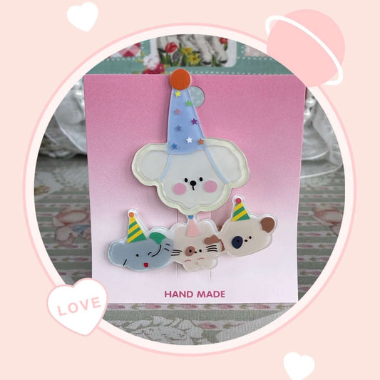 Party-themed animal clips with adorable designs, ideal for hair accessories or bag decorations, featuring cute kittens and puppies.